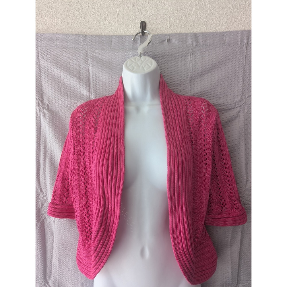 Peter Nygard Fuchsia Pink Pointelle Knit Open Front Bolero Shrug Short Sleeve